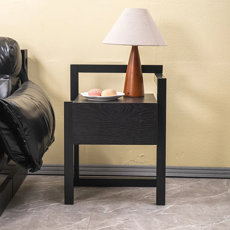 Modern Minimalist Rectangular Rubberwood Ash Wood Veneer Nightstand 3-Leg 1-Drawer For Bedroom