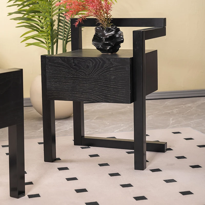 Modern Minimalist Rectangular Rubberwood Ash Wood Veneer Nightstand 3-Leg 1-Drawer For Bedroom