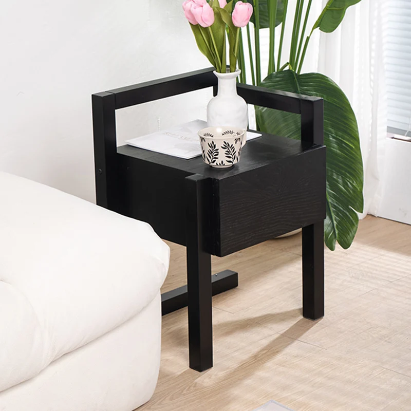 Modern Minimalist Rectangular Rubberwood Ash Wood Veneer Nightstand 3-Leg 1-Drawer For Bedroom