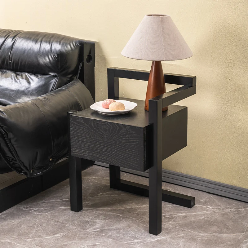 Modern Minimalist Rectangular Rubberwood Ash Wood Veneer Nightstand 3-Leg 1-Drawer For Bedroom