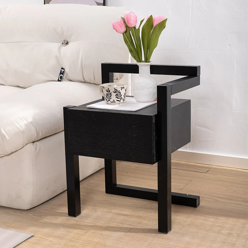 Modern Minimalist Rectangular Rubberwood Ash Wood Veneer Nightstand 3-Leg 1-Drawer For Bedroom