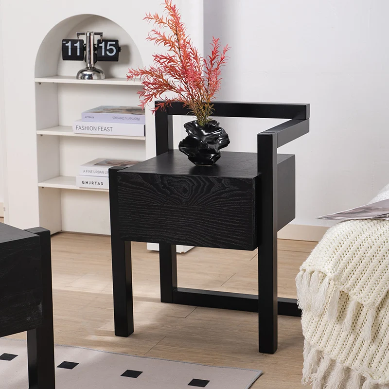 Modern Minimalist Rectangular Rubberwood Ash Wood Veneer Nightstand 3-Leg 1-Drawer For Bedroom