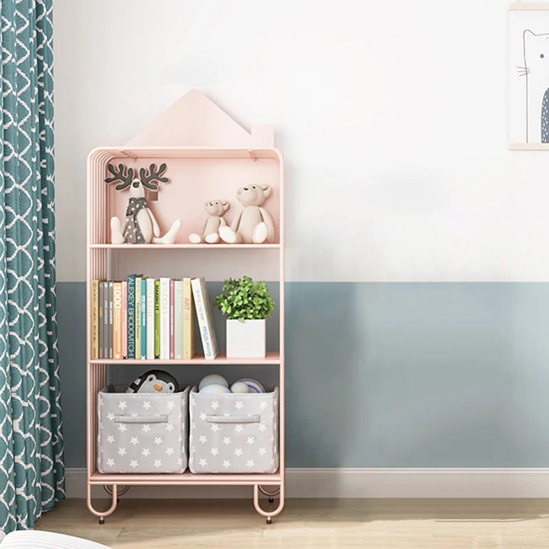 Modern Minimalist Large Capacity House Shape Iron Kids Floor-Standing Bookshelf 2/3-Shelf For Study