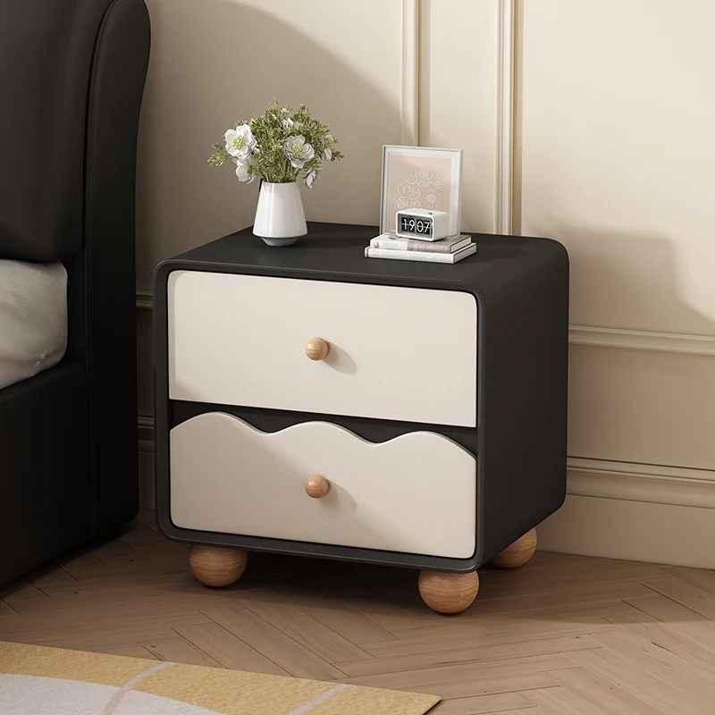 Modern Minimalist Rectangular Cat-Scratch-Resistant Leather Solid Wood Nightstand 2-Drawer For Bedroom