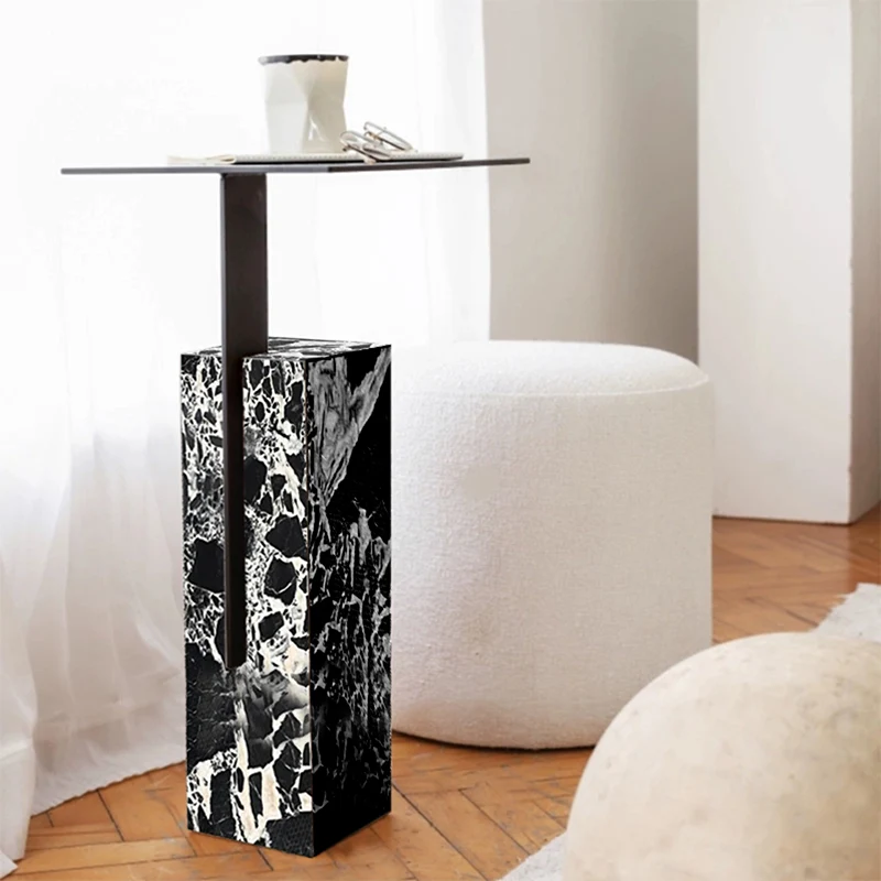 Contemporary Creative Square Carbon Steel Travertine Side Table 1-Tier For Living Room