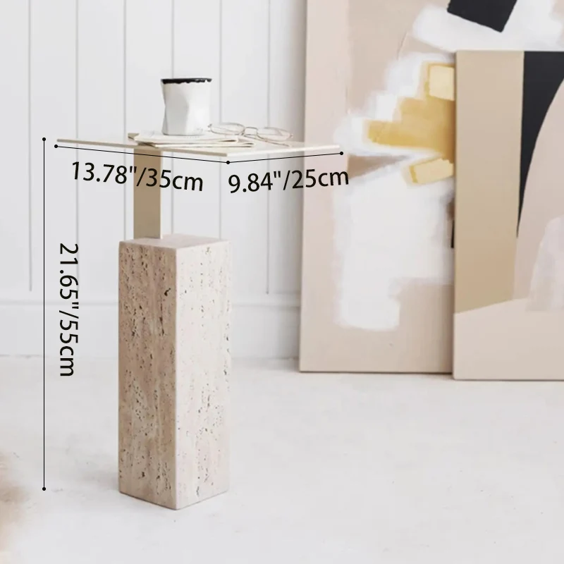 Contemporary Creative Square Carbon Steel Travertine Side Table 1-Tier For Living Room