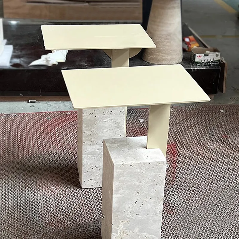 Contemporary Creative Square Carbon Steel Travertine Side Table 1-Tier For Living Room