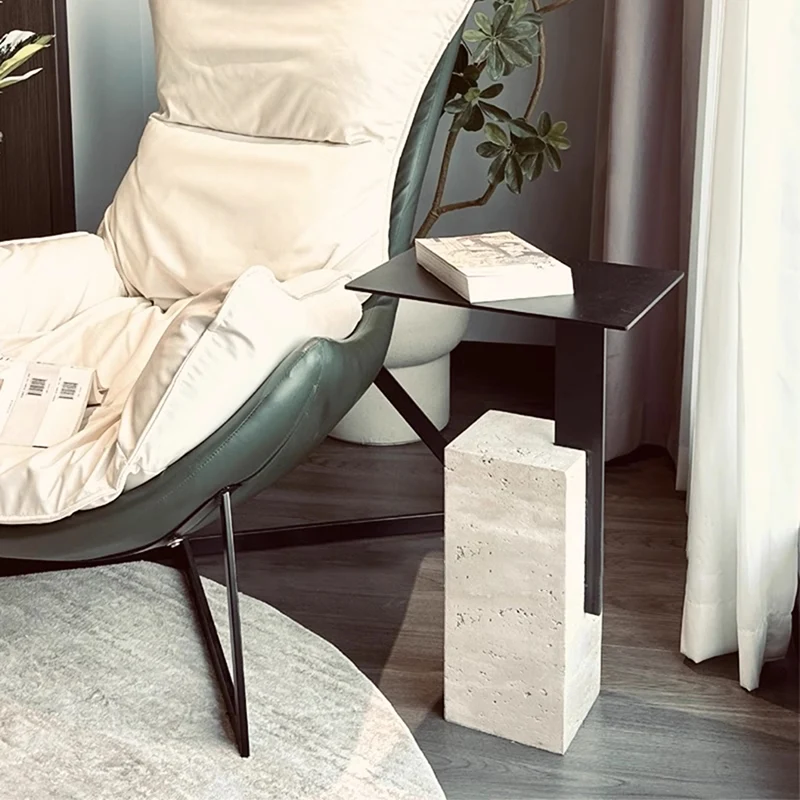 Contemporary Creative Square Carbon Steel Travertine Side Table 1-Tier For Living Room