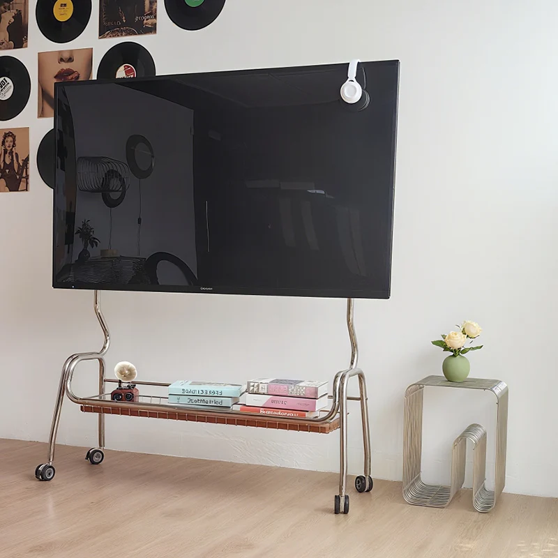 Traditional Vintage Rectangular Stainless Steel Rubberwood Iron TV Stand 4-Leg Movable For Living Room