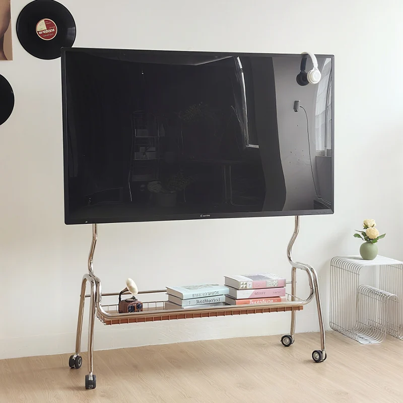 Traditional Vintage Rectangular Stainless Steel Rubberwood Iron TV Stand 4-Leg Movable For Living Room