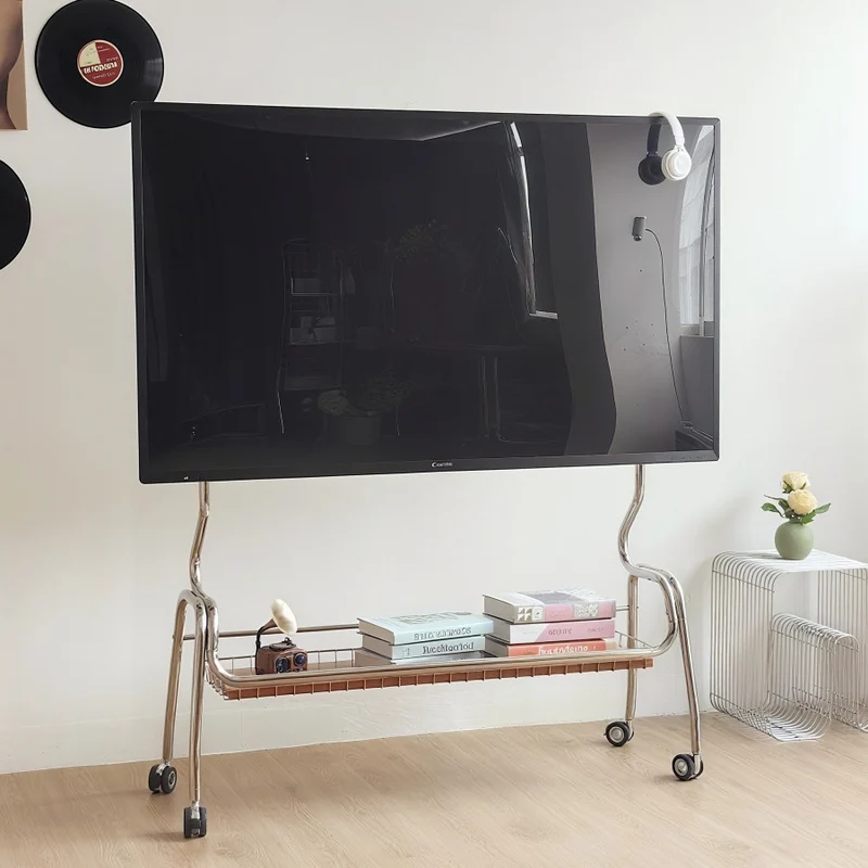 Traditional Vintage Rectangular Stainless Steel Rubberwood Iron TV Stand 4-Leg Movable For Living Room