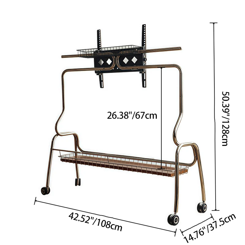 Traditional Vintage Rectangular Stainless Steel Rubberwood Iron TV Stand 4-Leg Movable For Living Room