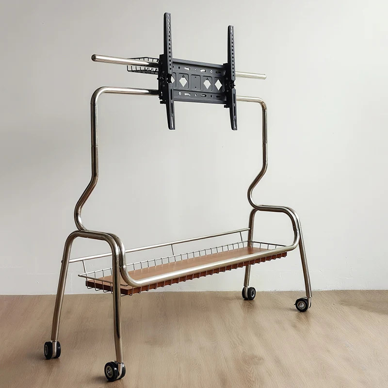 Traditional Vintage Rectangular Stainless Steel Rubberwood Iron TV Stand 4-Leg Movable For Living Room