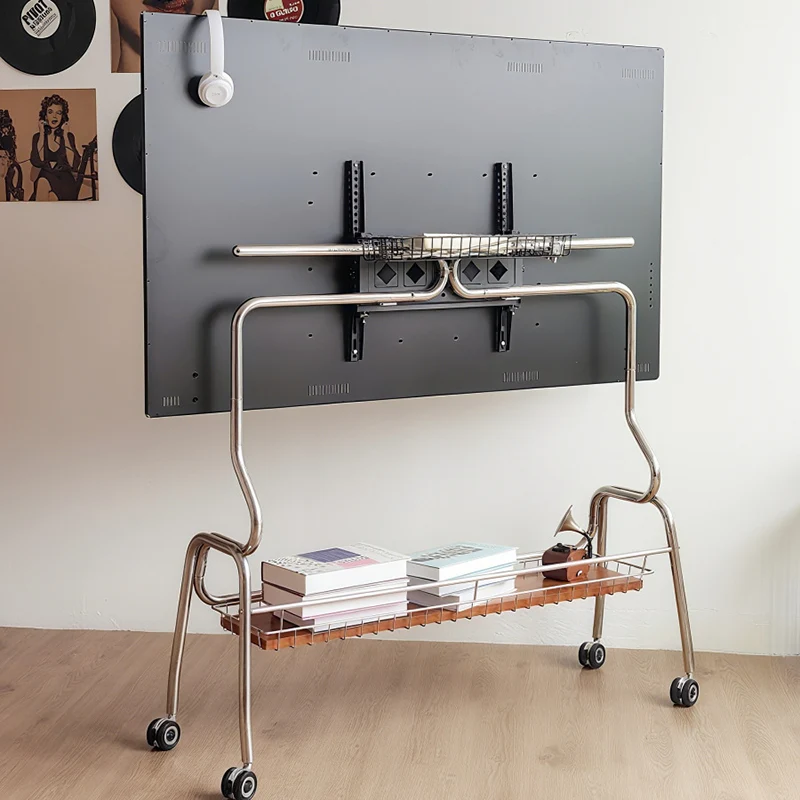 Traditional Vintage Rectangular Stainless Steel Rubberwood Iron TV Stand 4-Leg Movable For Living Room