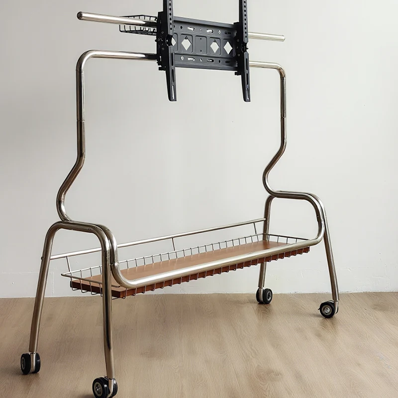 Traditional Vintage Rectangular Stainless Steel Rubberwood Iron TV Stand 4-Leg Movable For Living Room