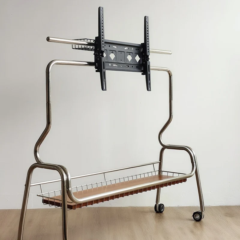 Traditional Vintage Rectangular Stainless Steel Rubberwood Iron TV Stand 4-Leg Movable For Living Room