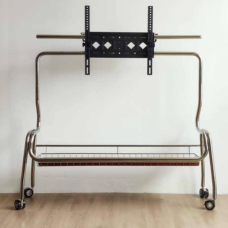 Traditional Vintage Rectangular Stainless Steel Rubberwood Iron TV Stand 4-Leg Movable For Living Room