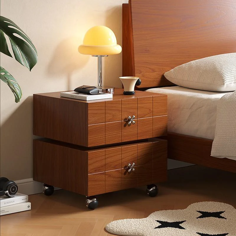 Traditional Vintage Rotatable Rectangular Pine Wood Plywood Stainless Steel Movable Nightstand 2-Drawer For Bedroom