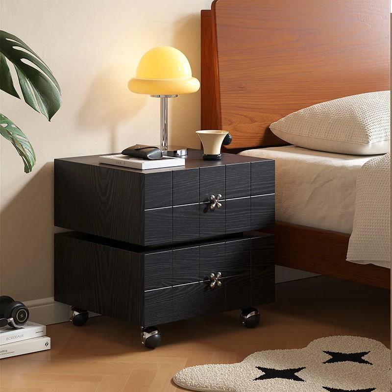 Traditional Vintage Rotatable Rectangular Pine Wood Plywood Stainless Steel Movable Nightstand 2-Drawer For Bedroom