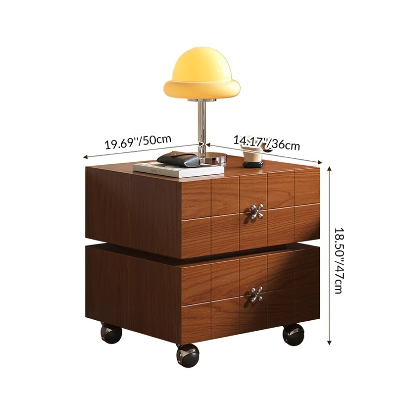Traditional Vintage Rotatable Rectangular Pine Wood Plywood Stainless Steel Movable Nightstand 2-Drawer For Bedroom