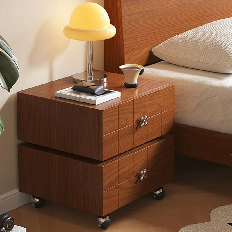 Traditional Vintage Rotatable Rectangular Pine Wood Plywood Stainless Steel Movable Nightstand 2-Drawer For Bedroom