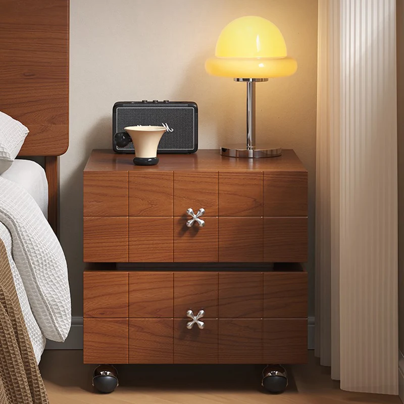 Traditional Vintage Rotatable Rectangular Pine Wood Plywood Stainless Steel Movable Nightstand 2-Drawer For Bedroom
