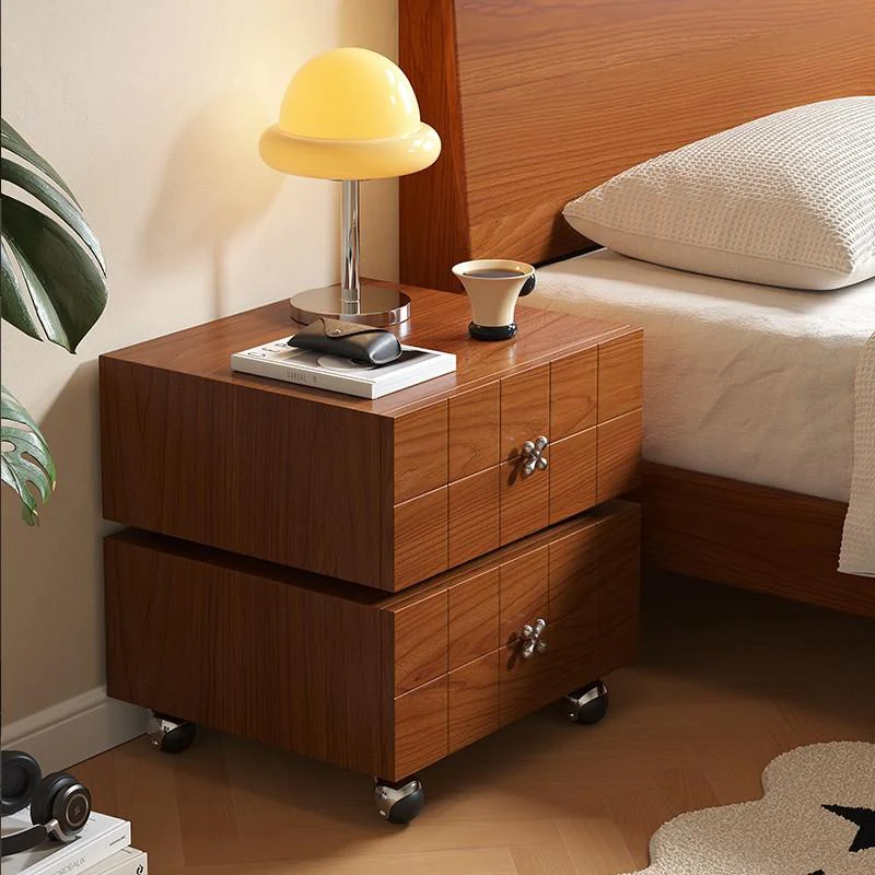 Traditional Vintage Rotatable Rectangular Pine Wood Plywood Stainless Steel Movable Nightstand 2-Drawer For Bedroom
