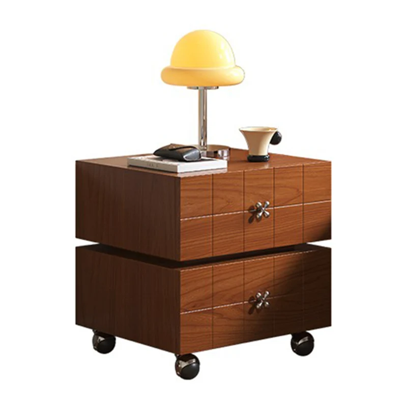 Traditional Vintage Rotatable Rectangular Pine Wood Plywood Stainless Steel Movable Nightstand 2-Drawer For Bedroom