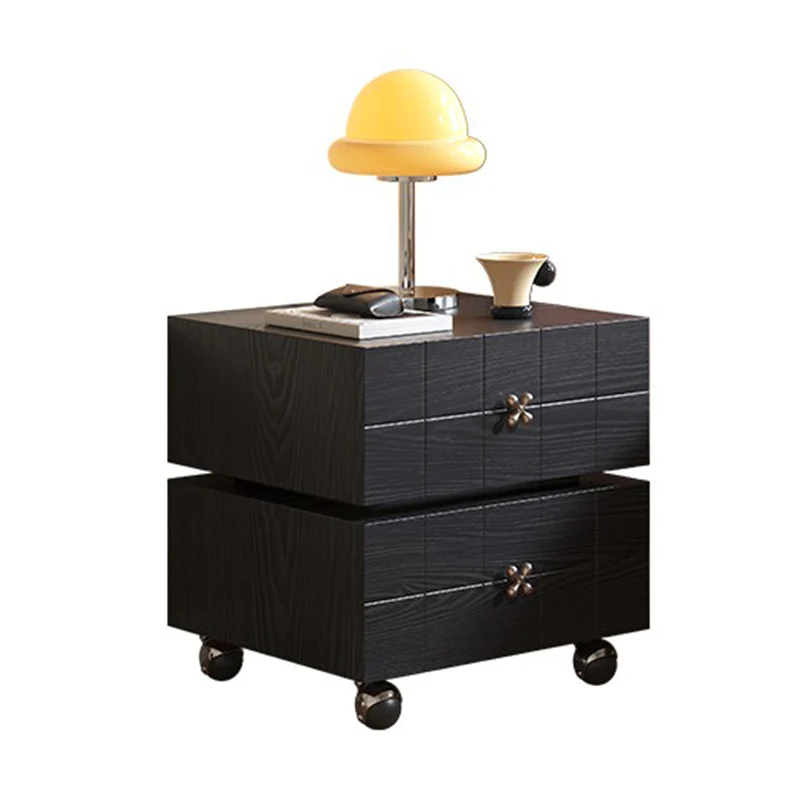 Traditional Vintage Rotatable Rectangular Pine Wood Plywood Stainless Steel Movable Nightstand 2-Drawer For Bedroom