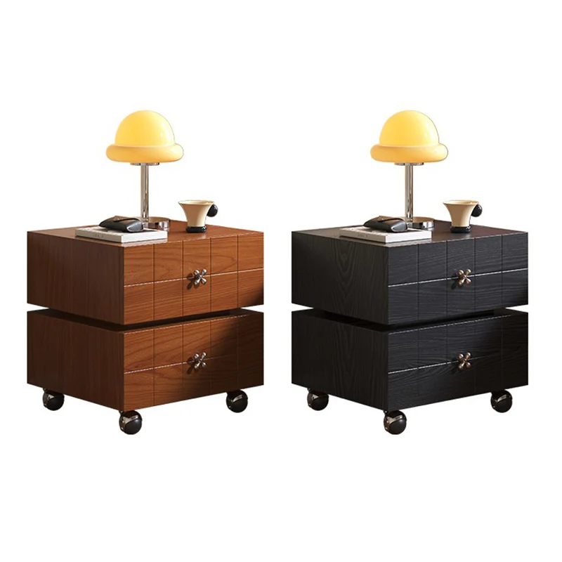 Traditional Vintage Rotatable Rectangular Pine Wood Plywood Stainless Steel Movable Nightstand 2-Drawer For Bedroom