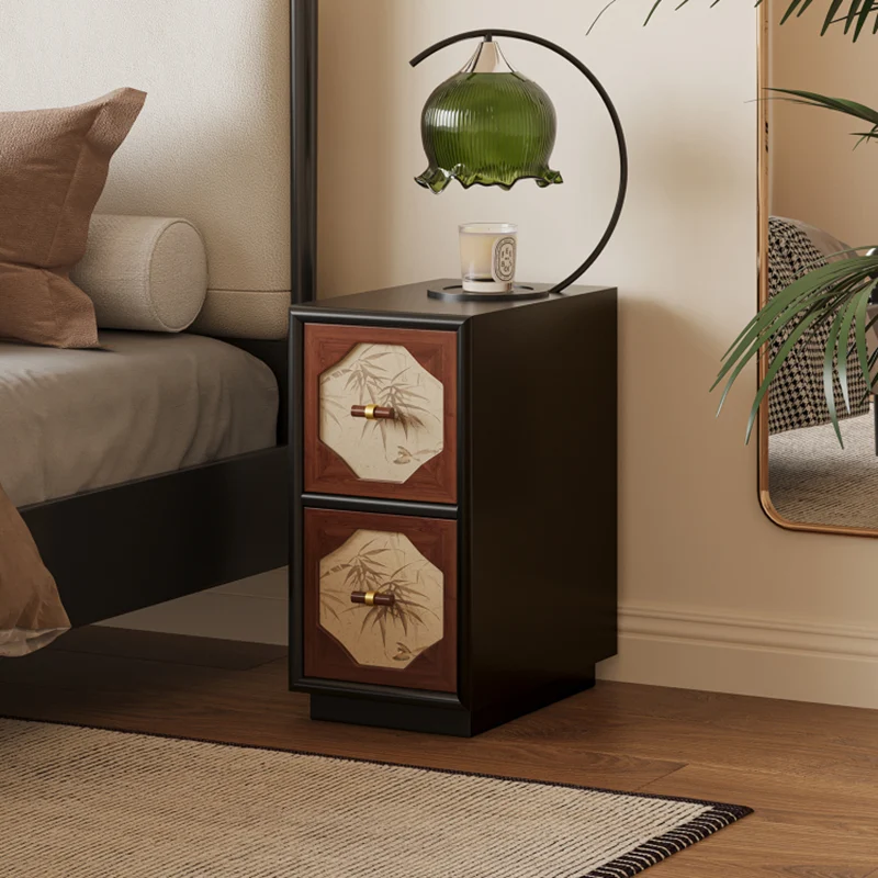 Traditional Chinese Narrow Rectangular Plywood Pine Wood Nightstand 2-Drawer For Bedroom