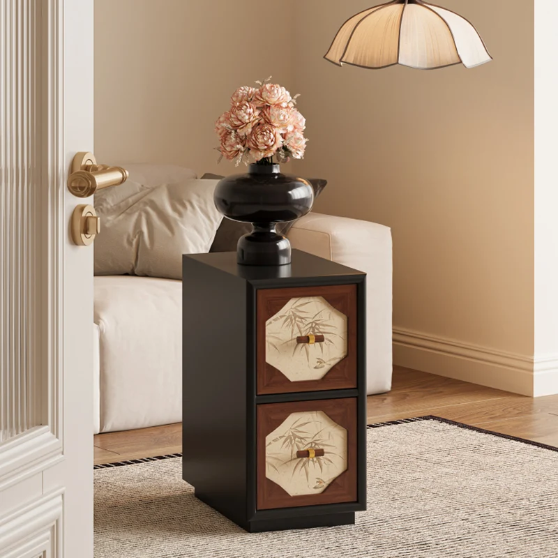 Traditional Chinese Narrow Rectangular Plywood Pine Wood Nightstand 2-Drawer For Bedroom