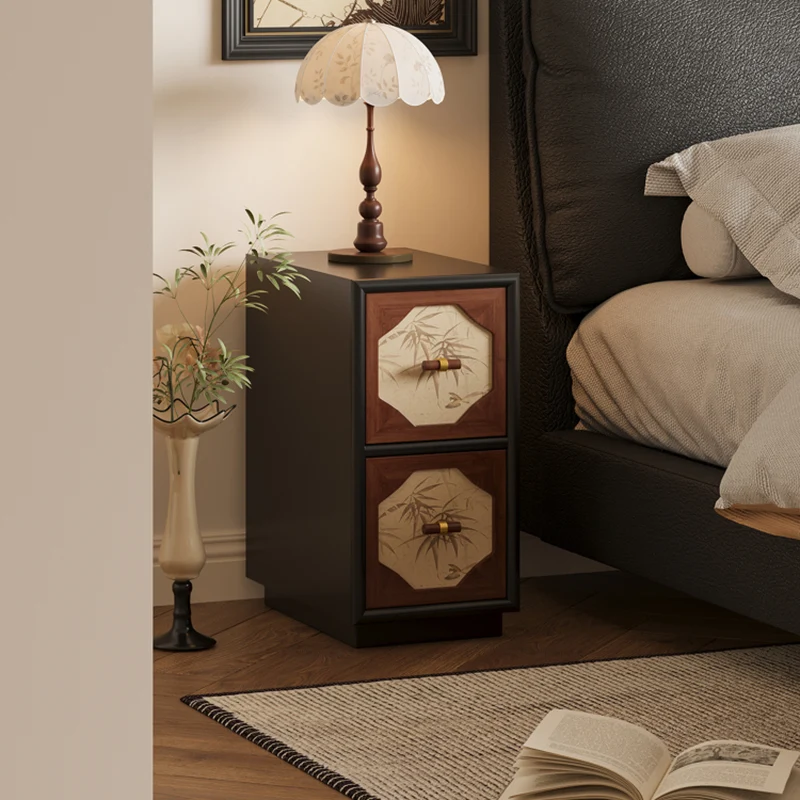 Traditional Chinese Narrow Rectangular Plywood Pine Wood Nightstand 2-Drawer For Bedroom