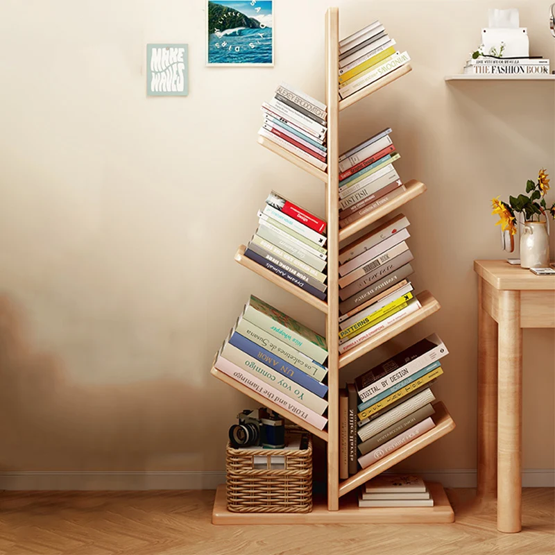 Contemporary Creative Large Capacity Christmas Tree Rubberwood Floor-Standing Bookshelf 8-Shelf For Study
