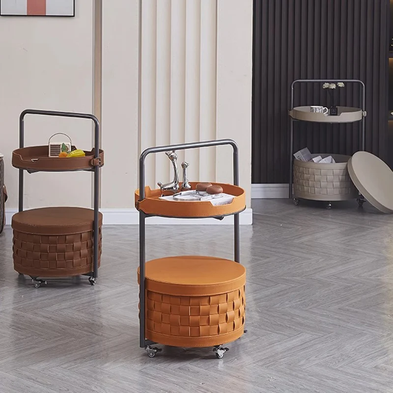 Contemporary Luxury Round Lantern Carbon Steel Saddle-Style Faux Leather Movable End Table 2-Tier For Living Room