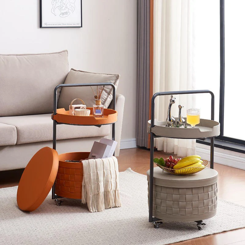 Contemporary Luxury Round Lantern Carbon Steel Saddle-Style Faux Leather Movable End Table 2-Tier For Living Room