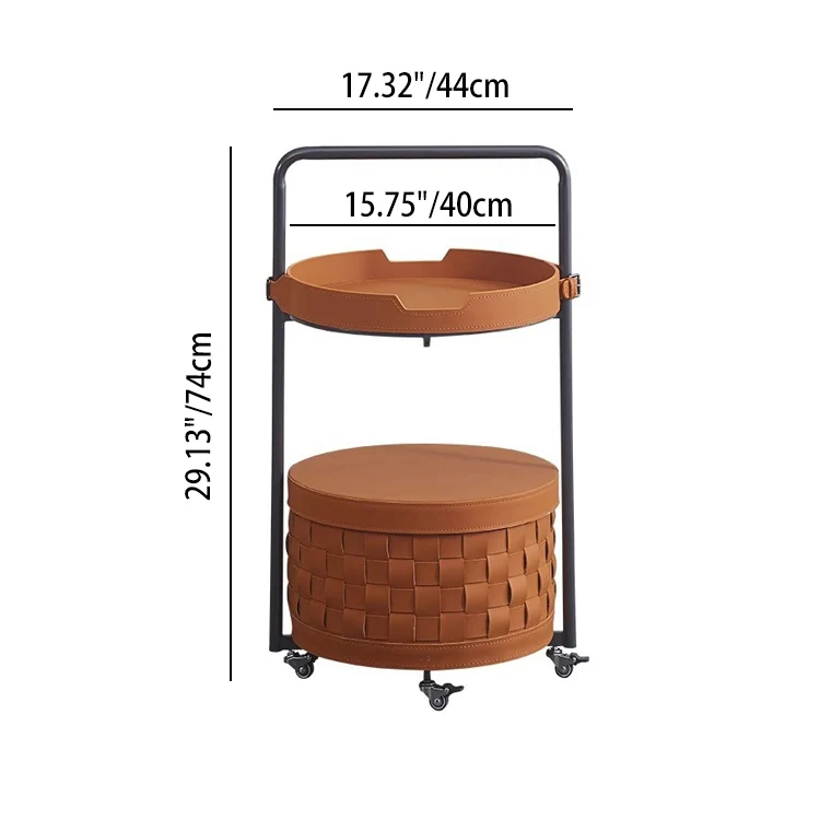 Contemporary Luxury Round Lantern Carbon Steel Saddle-Style Faux Leather Movable End Table 2-Tier For Living Room