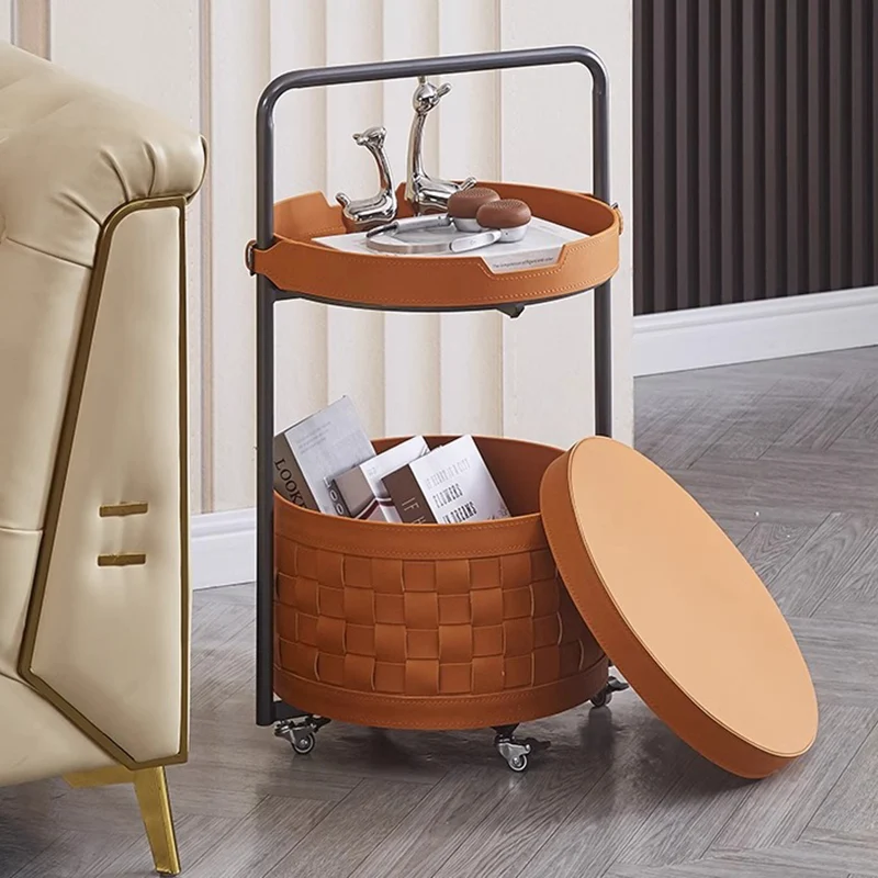 Contemporary Luxury Round Lantern Carbon Steel Saddle-Style Faux Leather Movable End Table 2-Tier For Living Room