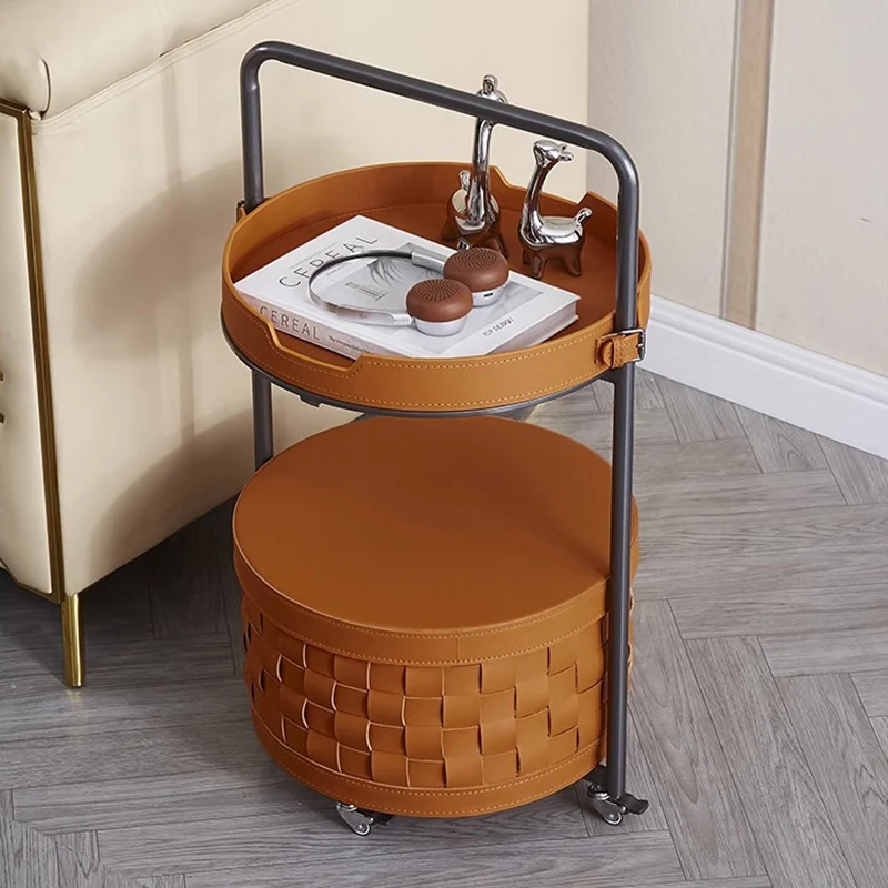 Contemporary Luxury Round Lantern Carbon Steel Saddle-Style Faux Leather Movable End Table 2-Tier For Living Room
