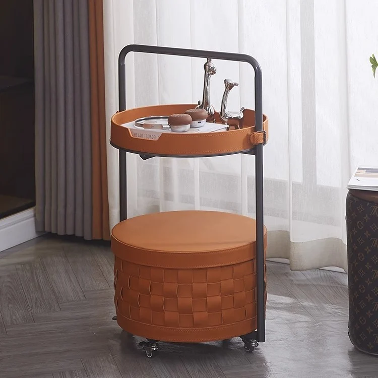 Contemporary Luxury Round Lantern Carbon Steel Saddle-Style Faux Leather Movable End Table 2-Tier For Living Room