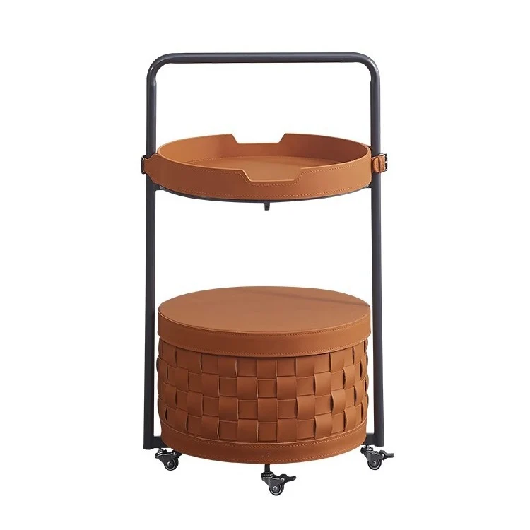 Contemporary Luxury Round Lantern Carbon Steel Saddle-Style Faux Leather Movable End Table 2-Tier For Living Room