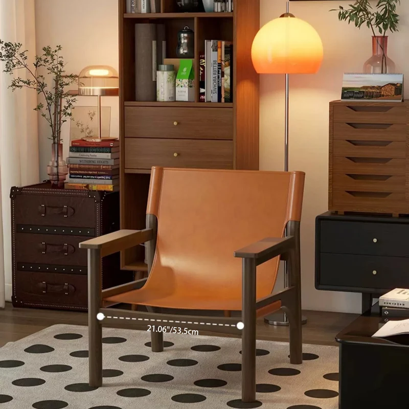 Modern Mid-century Saddle-Style Faux Leather Ash Wood Rectangular Accent Chair Backrest Armrest For Living Room