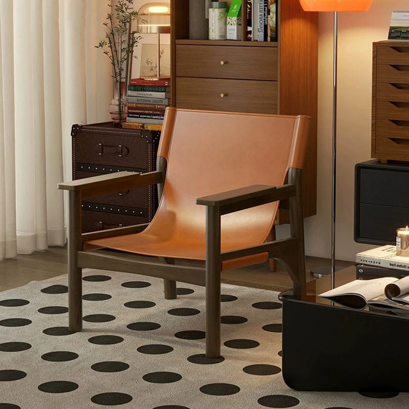 Modern Mid-century Saddle-Style Faux Leather Ash Wood Rectangular Accent Chair Backrest Armrest For Living Room