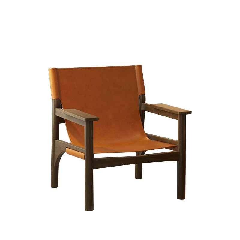 Modern Mid-century Saddle-Style Faux Leather Ash Wood Rectangular Accent Chair Backrest Armrest For Living Room