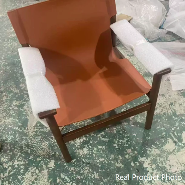 Modern Mid-century Saddle-Style Faux Leather Ash Wood Rectangular Accent Chair Backrest Armrest For Living Room