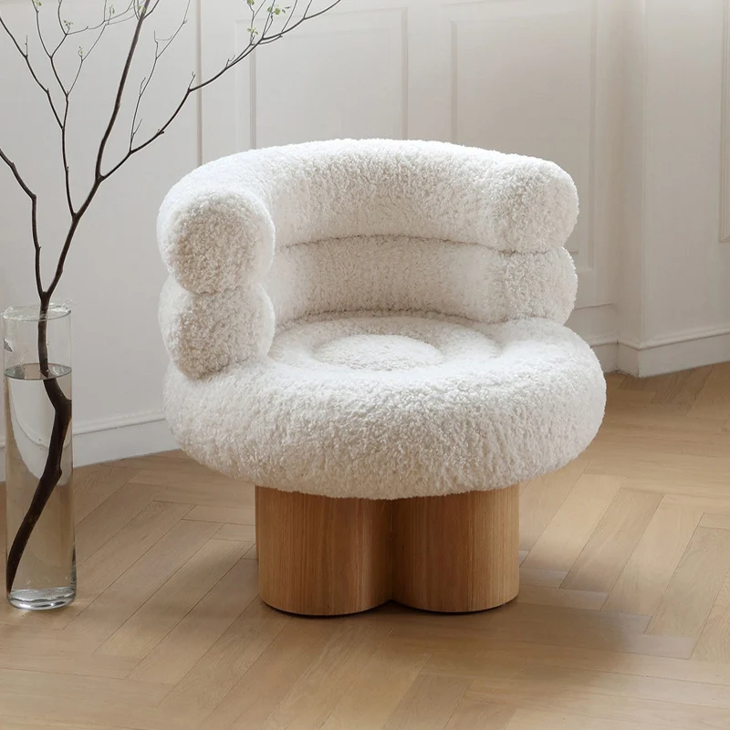 Traditional French Curved Sherpa Fabric Solid Wood Iron Vanity Stool Backrest Armless For Bedroom