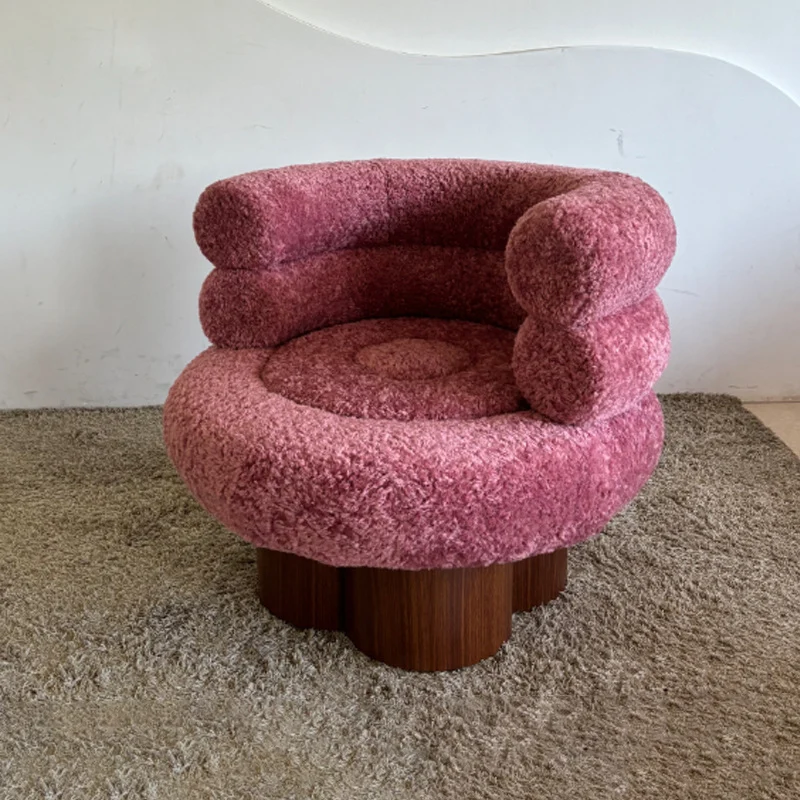 Traditional French Curved Sherpa Fabric Solid Wood Iron Vanity Stool Backrest Armless For Bedroom