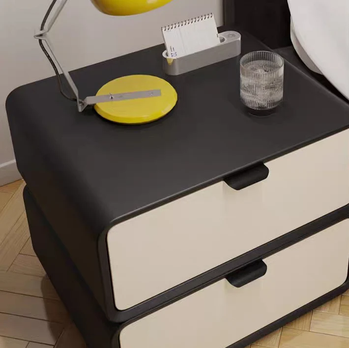 Modern Luxury Rectangle Faux Leather Pine Wood Fiberboard Nightstand 2-Drawer For Bedroom