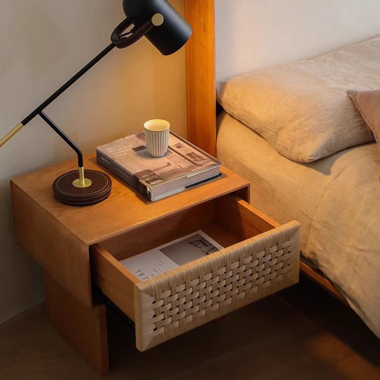 Traditional Vintage Rectangle Rubberwood Paper Rope Nightstand 1-Drawer For Bedroom