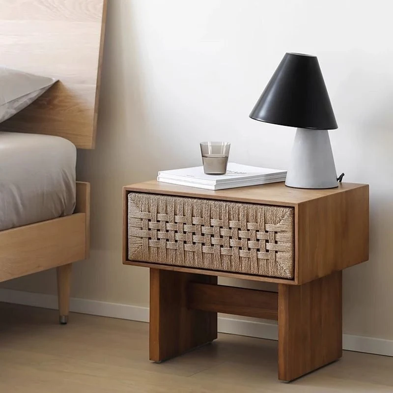 Traditional Vintage Rectangle Rubberwood Paper Rope Nightstand 1-Drawer For Bedroom